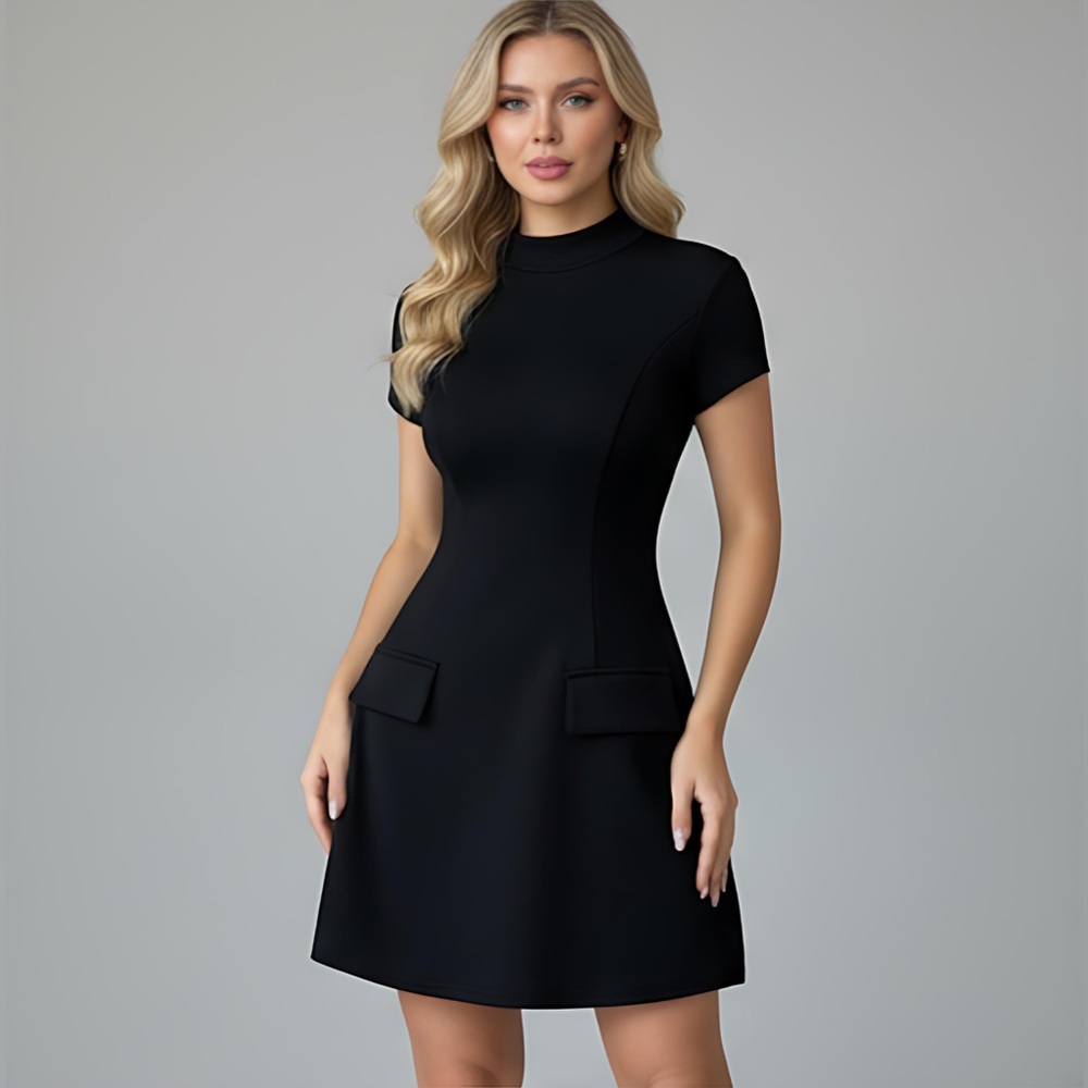 Little Black Stand Collar Faux Pocket Minimalist Short Dress